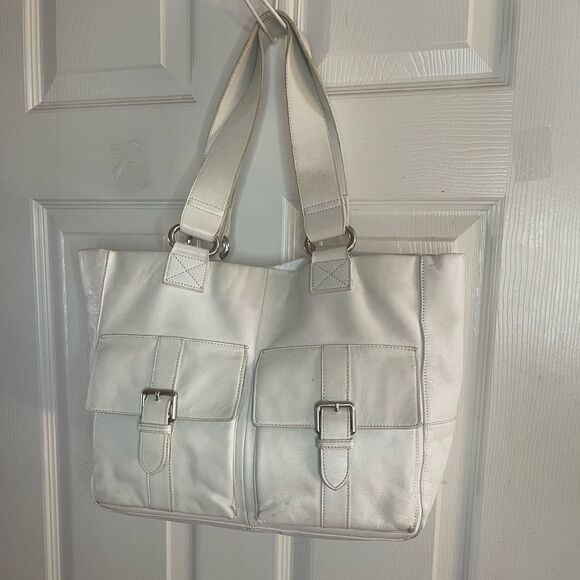 Gap leather white large shoulder bag silver tone hardwares magnetic top closure - Picture 2 of 11